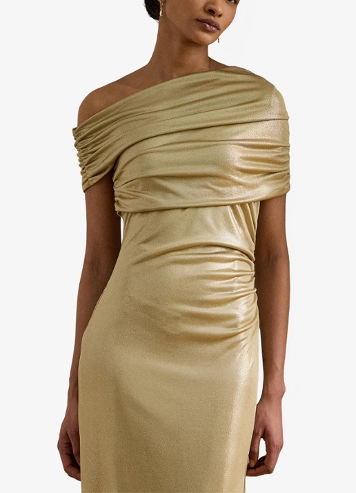 Ralph Lauren One shoulder midi jurk met metallic finish - detail 2 birch tan/gold foil / beige