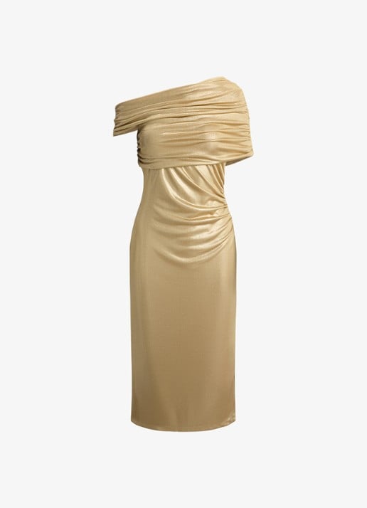 Ralph Lauren One shoulder midi jurk met metallic finish