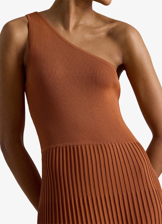 Ralph Lauren One shoulder midi jurk met ribstructuur - detail red terracotta / rood