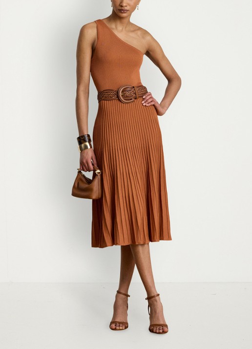 Ralph Lauren One shoulder midi jurk met ribstructuur - voorkant 5 red terracotta / rood