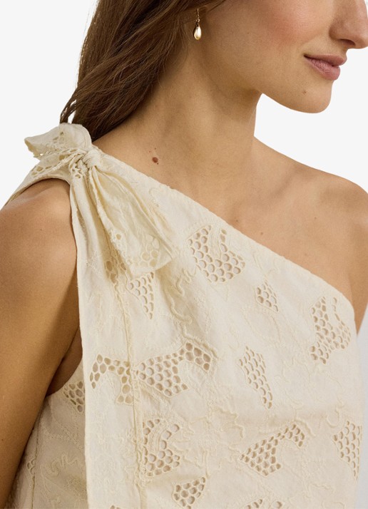 Ralph Lauren One shoulder top met broderie en strikdetail - detail 4 creme