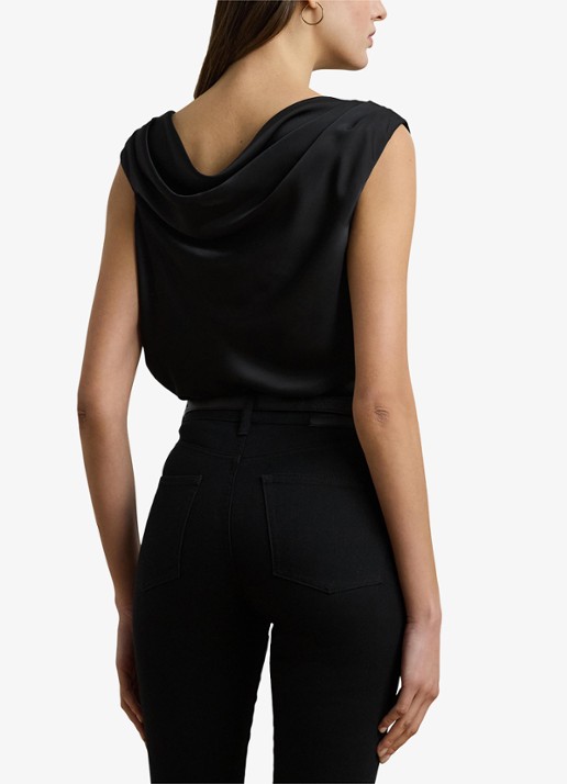 Ralph Lauren One shoulder top van satijn met plooidetail - achterkant 3 black / zwart