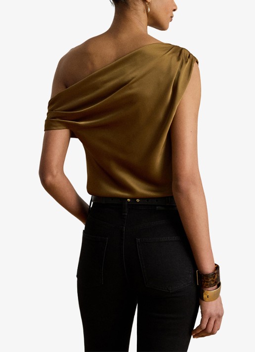 Ralph Lauren One shoulder top van satijn met plooidetail - achterkant tobacco bronze / bruin
