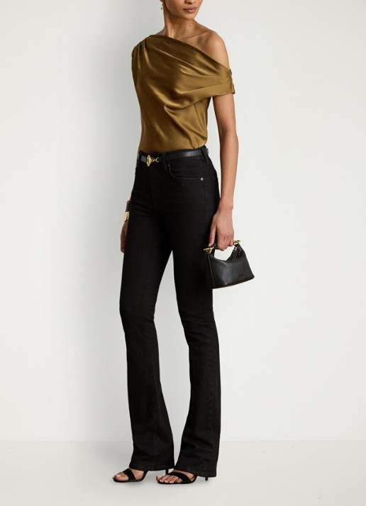 Ralph Lauren One shoulder top van satijn met plooidetail - voorkant 3 tobacco bronze / bruin