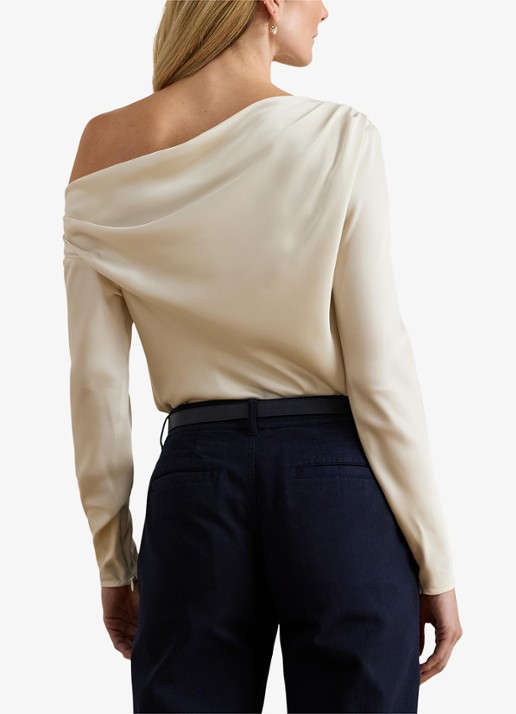 Ralph Lauren One shoulder tuniek van satijn met plooidetails - achterkant creme