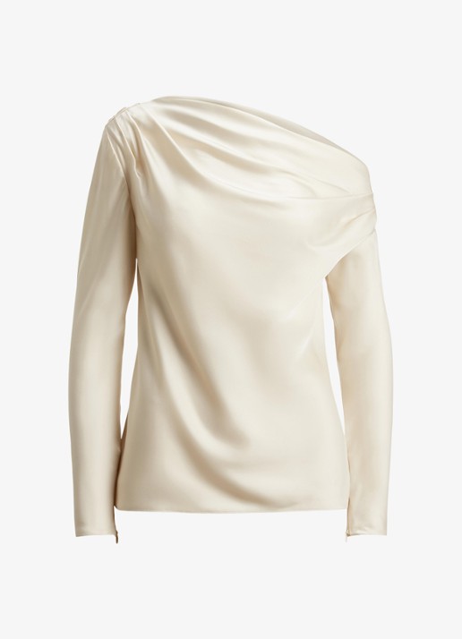 Ralph Lauren One shoulder tuniek van satijn met plooidetails - voorkant 3 creme