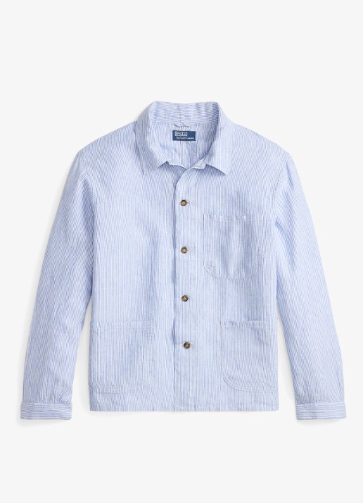 Ralph Lauren Overshirt van linnen met streepprint - voorkant cabana blue white / blauw