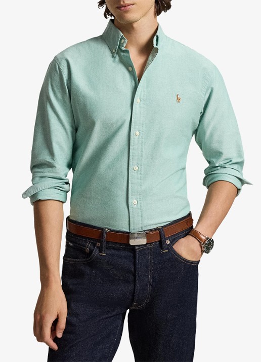 Ralph Lauren Oxford custom fit overhemd met button down kraag - voorkant 3 scarab green / lichtgroen
