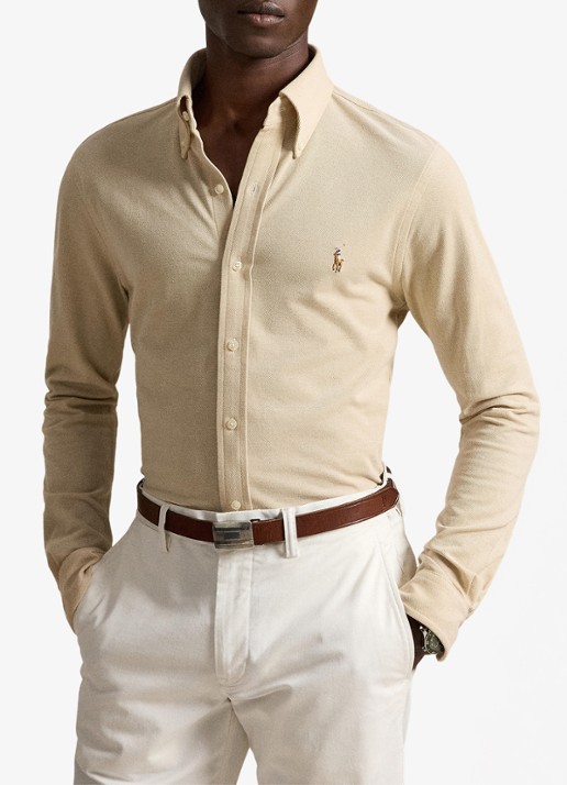 Ralph Lauren Oxford slim fit overhemd met logo - voorkant 3 coastal beige / beige