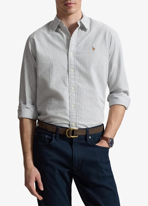 Ralph Lauren Oxford slim fit overhemd met streepprint - voorkant 4 navy white / donkerblauw