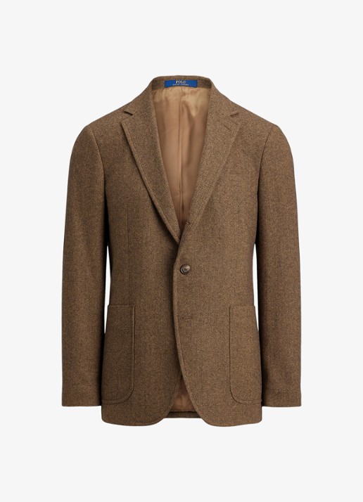 Ralph Lauren Polo modern fit colbert in wolblend met visgraatdessin - voorkant brown/tan / bruin
