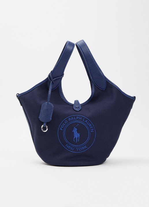Ralph Lauren Polo Play Medium handtas van canvas met details van leer  - voorkant 5 donkerblauw