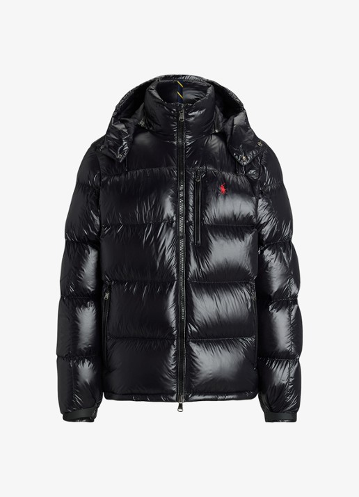 Ralph Lauren Puffer jack met donsvulling en capuchon - voorkant polo black glossy / zwart