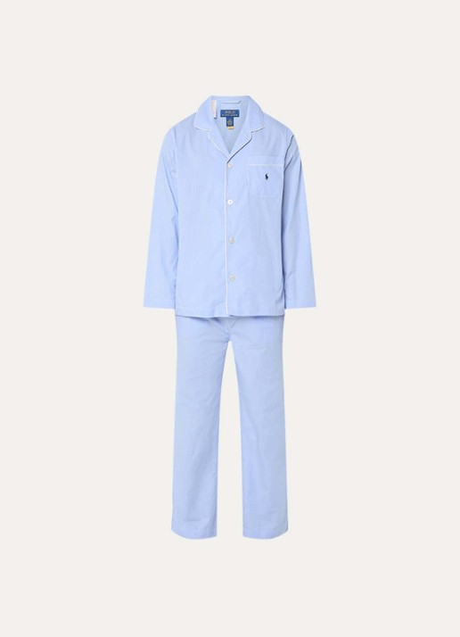 Ralph Lauren Pyjamaset met streepprint en borstzak - voorkant 3 blauw