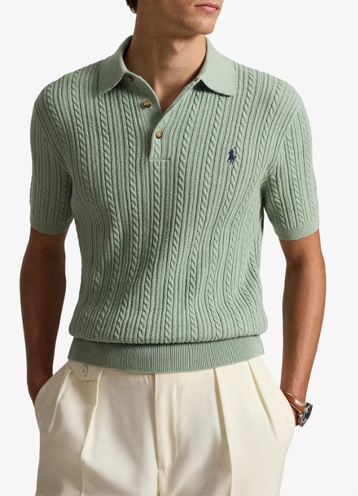 Ralph Lauren Regular fit kabelgebreide polo met logoborduring - voorkant 5 light green / lichtgroen