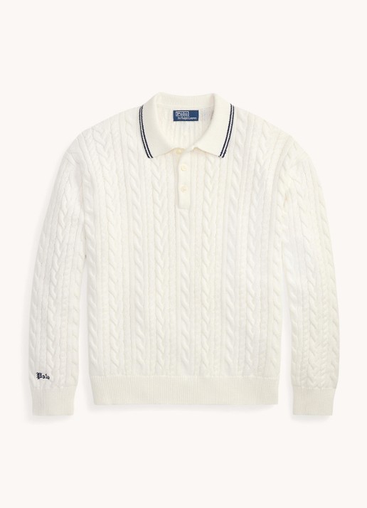 Ralph Lauren Relaxed fit kabelgebreide trui in linnenblend met polokraag - voorkant 4 trophy cream / crème