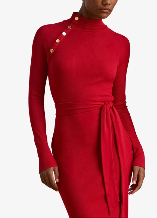 Ralph Lauren Ribgebreide jurk met opstaande kraag en sierknopen