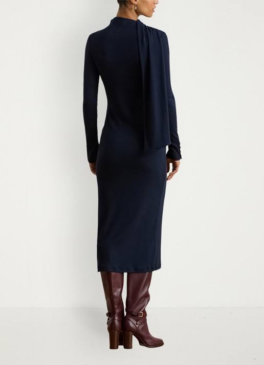 Ralph Lauren Ribgebreide midi jurk met sjaalkraag - achterkant 4 donkerblauw