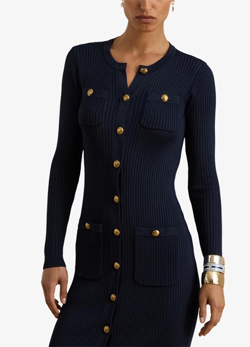 Ralph Lauren Ribgebreide mini jurk met knopen - detail 4 donkerblauw