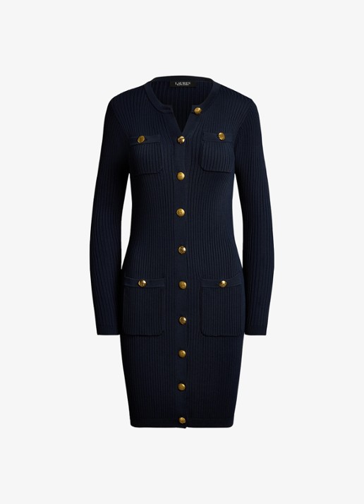 Ralph Lauren Ribgebreide mini jurk met knopen - voorkant 2 donkerblauw