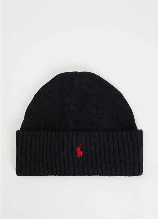 Ralph Lauren Ribgebreide muts met logoborduring - voorkant zwart