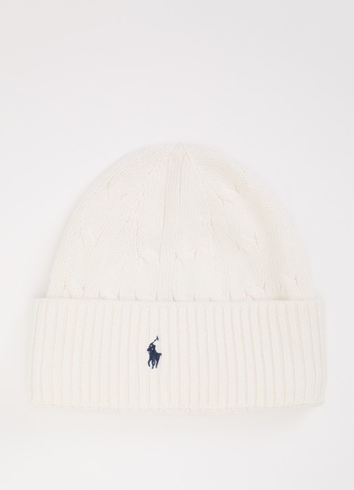Ralph Lauren Ribgebreide muts met logoborduring - voorkant gebroken wit
