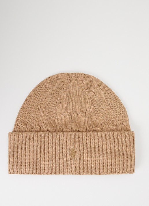 Ralph Lauren Ribgebreide muts met logoborduring - voorkant camel