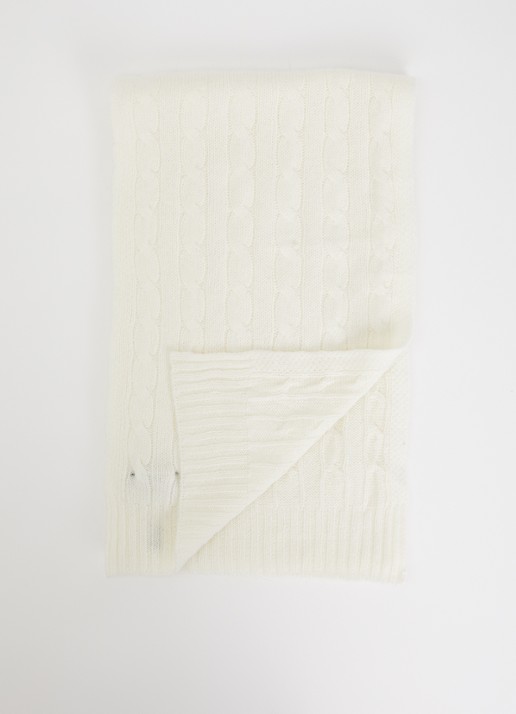 Ralph Lauren Ribgebreide sjaal in kasjmierblend 183 x 27 cm - voorkant creme