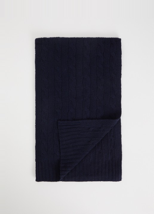Ralph Lauren Ribgebreide sjaal in kasjmierblend 183 x 27 cm - voorkant donkerblauw