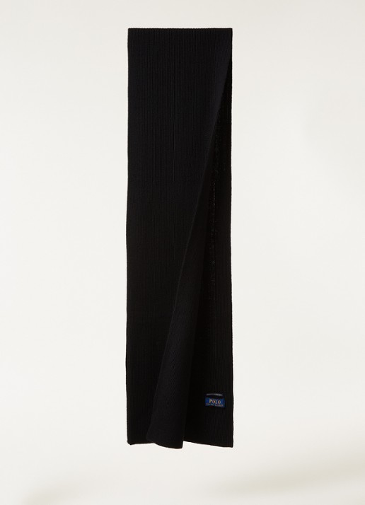 Ralph Lauren Ribgebreide sjaal van wol 180 x 25 cm - voorkant 3 zwart
