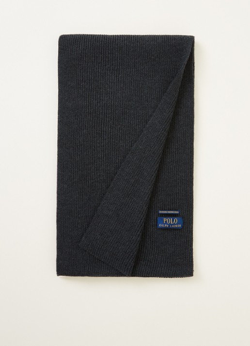 Ralph Lauren Ribgebreide sjaal van wol 180 x 25 cm - voorkant 2 antraciet