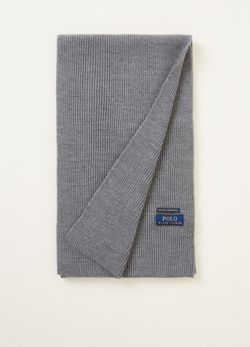Ralph Lauren Ribgebreide sjaal van wol 180 x 25 cm - voorkant 2 grijs