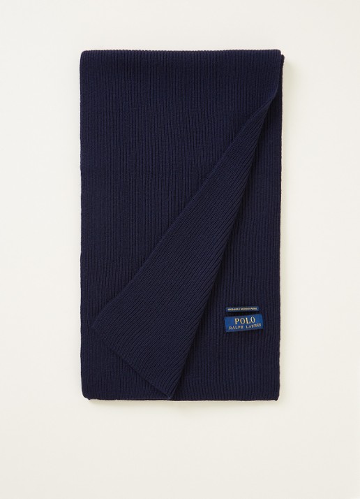 Ralph Lauren Ribgebreide sjaal van wol 180 x 25 cm - voorkant 2 donkerblauw