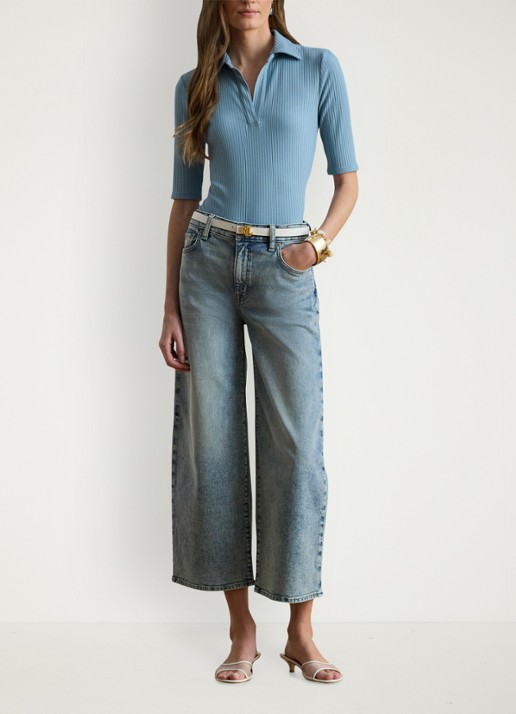 Ralph Lauren Ribgebreide top met kraag - voorkant 4 blue note / blauw