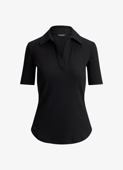 Ralph Lauren Ribgebreide top met kraag - voorkant zwart