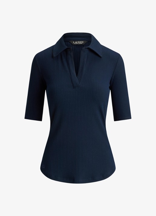Ralph Lauren Ribgebreide top met kraag - voorkant 3 lauren navy / blauw
