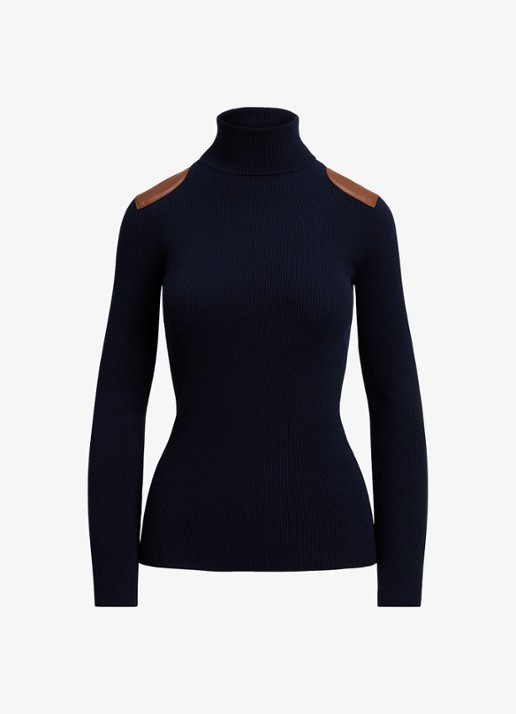 Ralph Lauren Ribgebreide trui met col - voorkant 4 donkerblauw