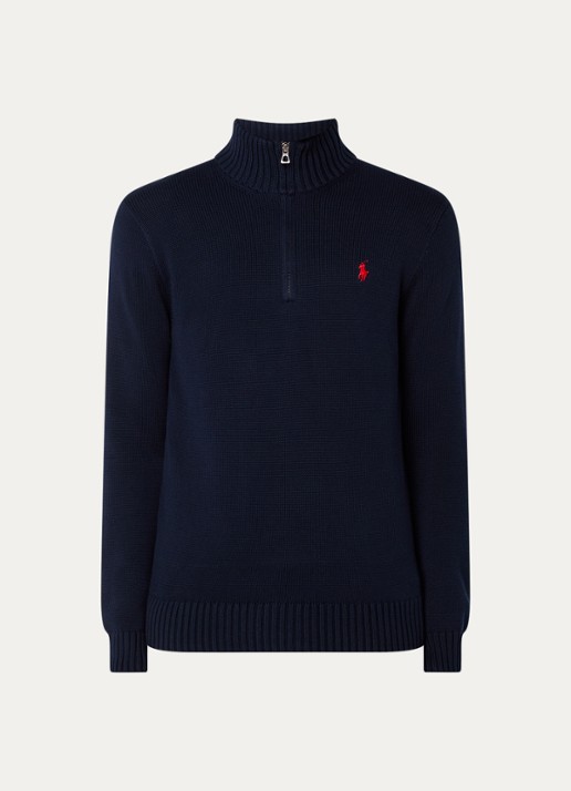 Ralph Lauren Ribgebreide trui met halve rits en logoborduring - voorkant 2 hunter navy/rood pp / donkerblauw