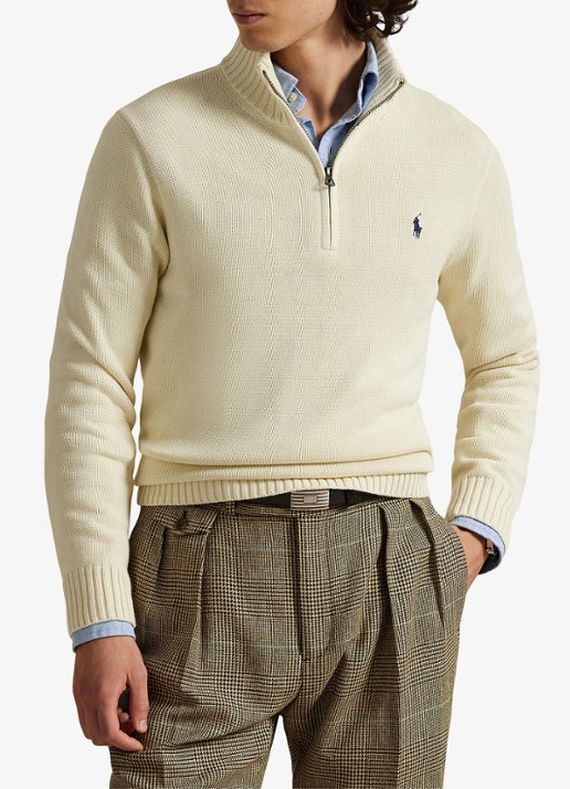 Ralph Lauren Ribgebreide trui met halve rits en logoborduring - detail 4 creme