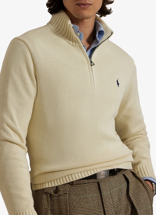 Ralph Lauren Ribgebreide trui met halve rits en logoborduring - detail 5 creme