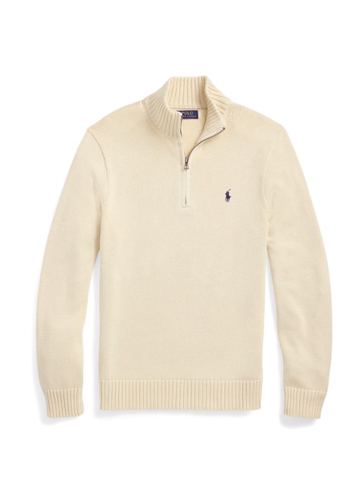 Ralph Lauren Ribgebreide trui met halve rits en logoborduring - voorkant creme