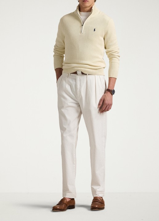 Ralph Lauren Ribgebreide trui met halve rits en logoborduring - voorkant 2 andover cream / creme