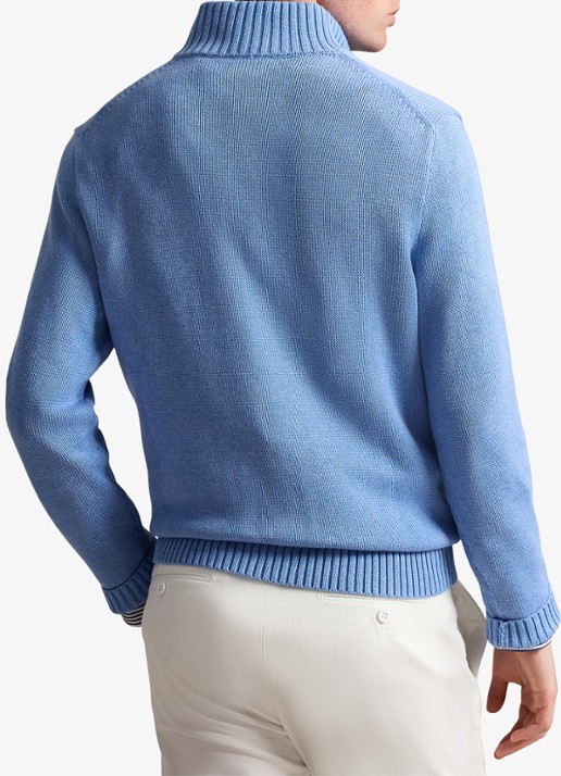 Ralph Lauren Ribgebreide trui met halve rits en logoborduring - achterkant lichtblauw