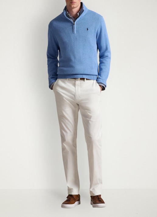 Ralph Lauren Ribgebreide trui met halve rits en logoborduring - voorkant 5 lichtblauw