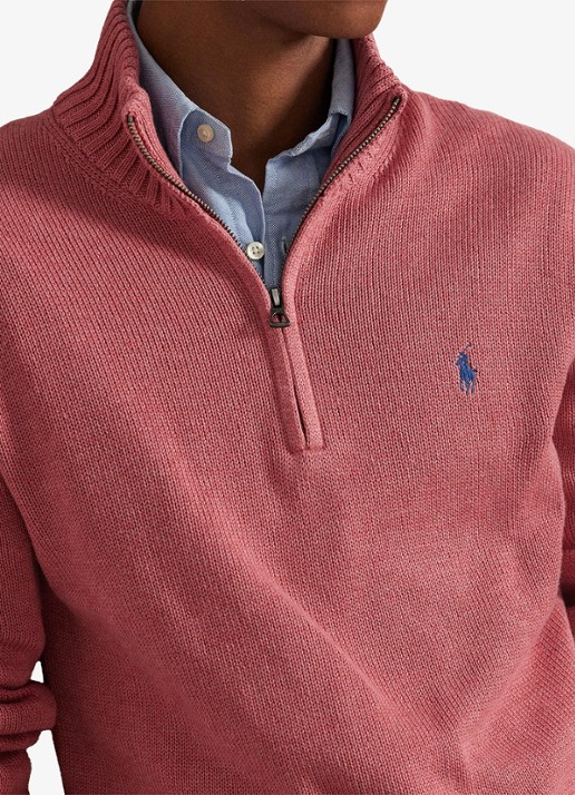 Ralph Lauren Ribgebreide trui met halve rits en logoborduring - detail 4 zalmroze