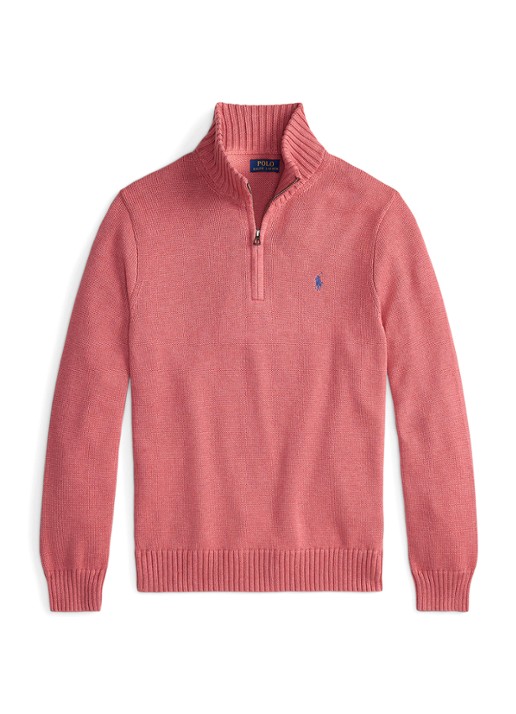 Ralph Lauren Ribgebreide trui met halve rits en logoborduring - voorkant zalmroze