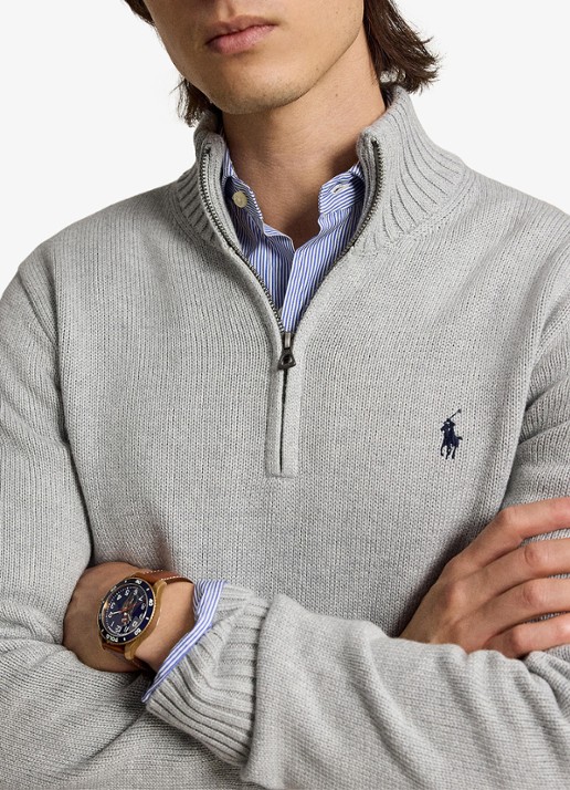 Ralph Lauren Ribgebreide trui met halve rits en logoborduring - detail 4 andover heather / grijs