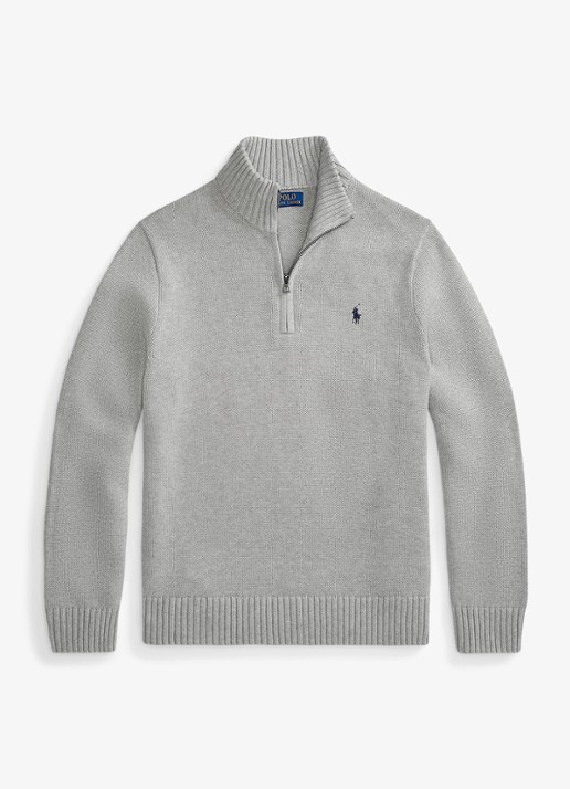 Ralph Lauren Ribgebreide trui met halve rits en logoborduring - voorkant andover heather / grijs