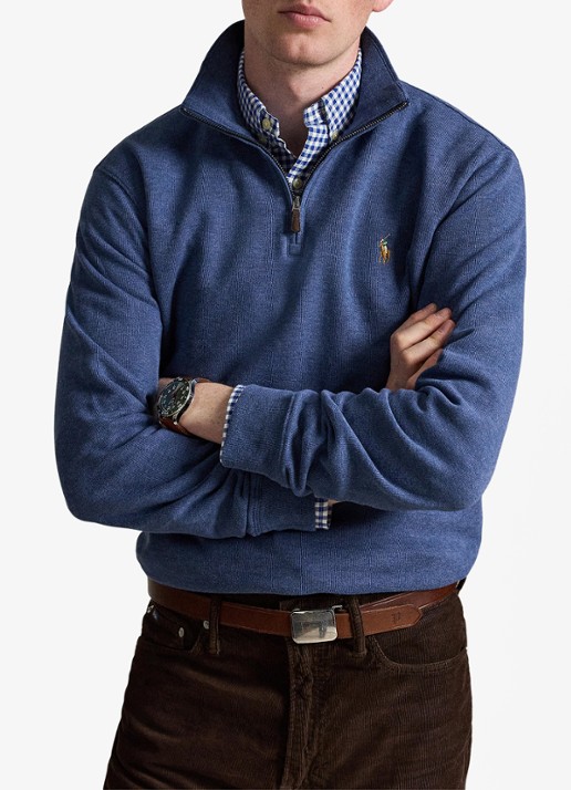 Ralph Lauren Ribgebreide trui met halve rits - voorkant 5 derby blue heather / blauw