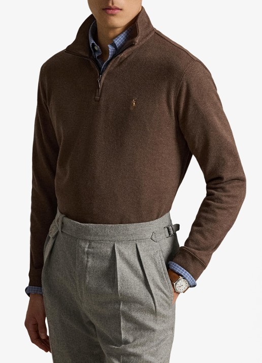 Ralph Lauren Ribgebreide trui met halve rits - voorkant 5 nutmeg brown heather / bruin